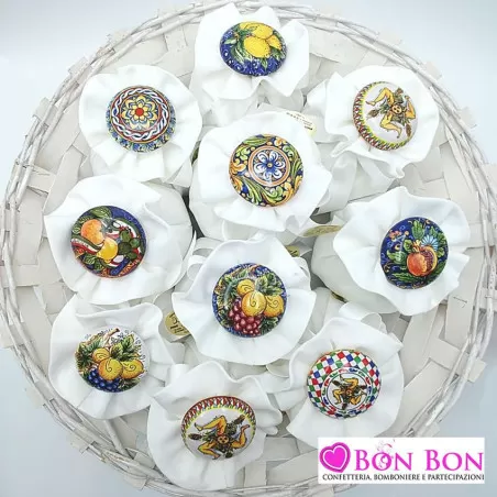 Sacchetto tema siciliano fagotto lino panna con tappo ceramica caltagirone - 4