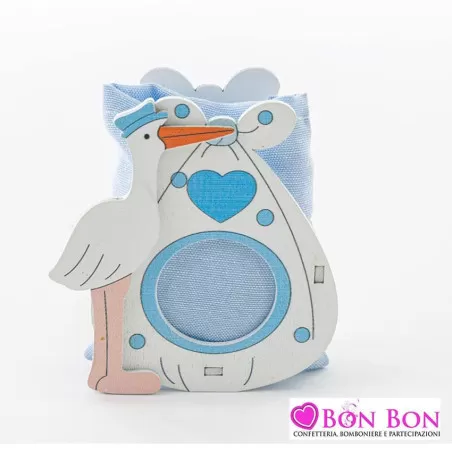 Scatolina nascita e battesimo cicogna legno celeste - 1