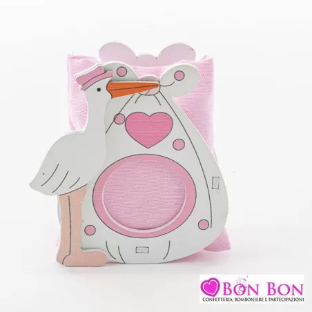 Scatolina nascita e battesimo cicogna legno rosa - 1