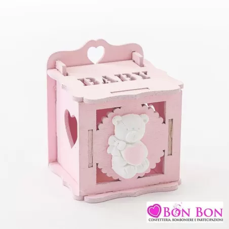 Scatolina nascita e battesimo in legno orsetto rosa - 1