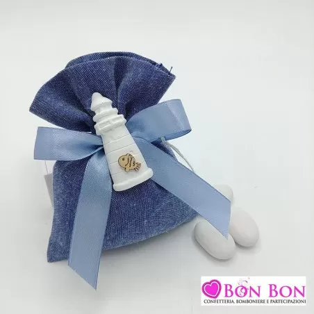 Sacchetto prima comunione in offerta in tessuto jeans con gessetto faro - 1