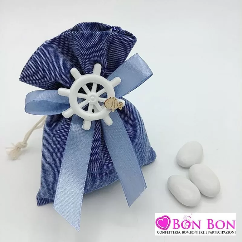 Sacchetto prima comunione in offerta in tessuto jeans con gessetto timone - 1