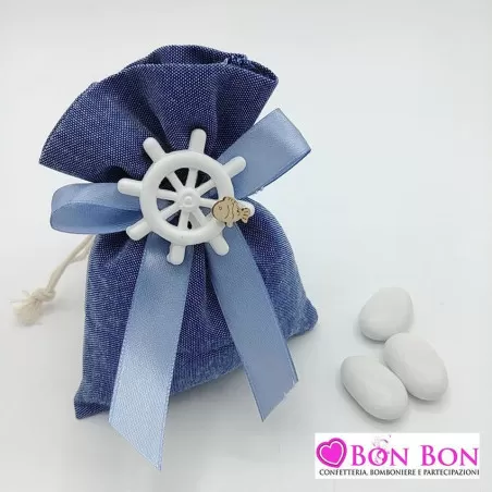 Sacchetto prima comunione in offerta in tessuto jeans con gessetto timone - 1