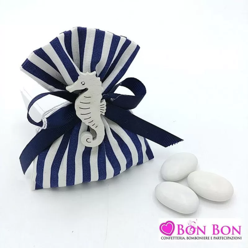 Sacchetto prima comunione righe bianco e blu con applicazione legno mare - 1