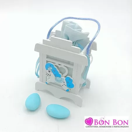 Scatolina nascita e battesimo in legno con cavalluccio celeste - 1