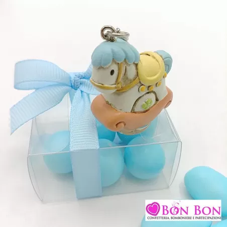 Bomboniera nascita e battesimo in offerta portachiavi cavalluccio celeste con scatolina - 2