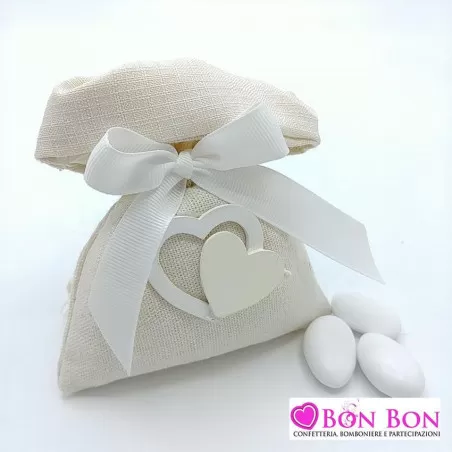 Sacchetto matrimonio in offerta borsetta con tirante tortora con applicazione cuore bianco - 1