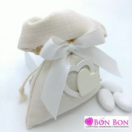 Sacchetto matrimonio in offerta borsetta con tirante tortora con applicazione cuore bianco - 2