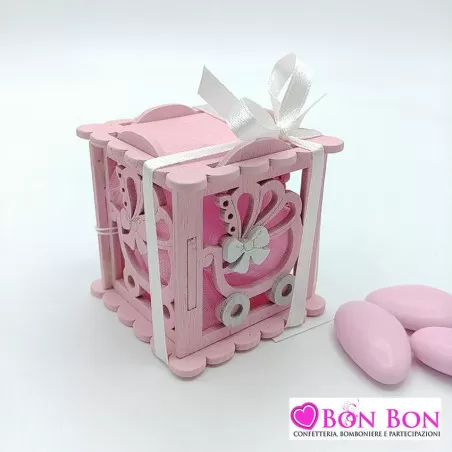Scatolina nascita e battesimo in legno carrozzina rosa - 2