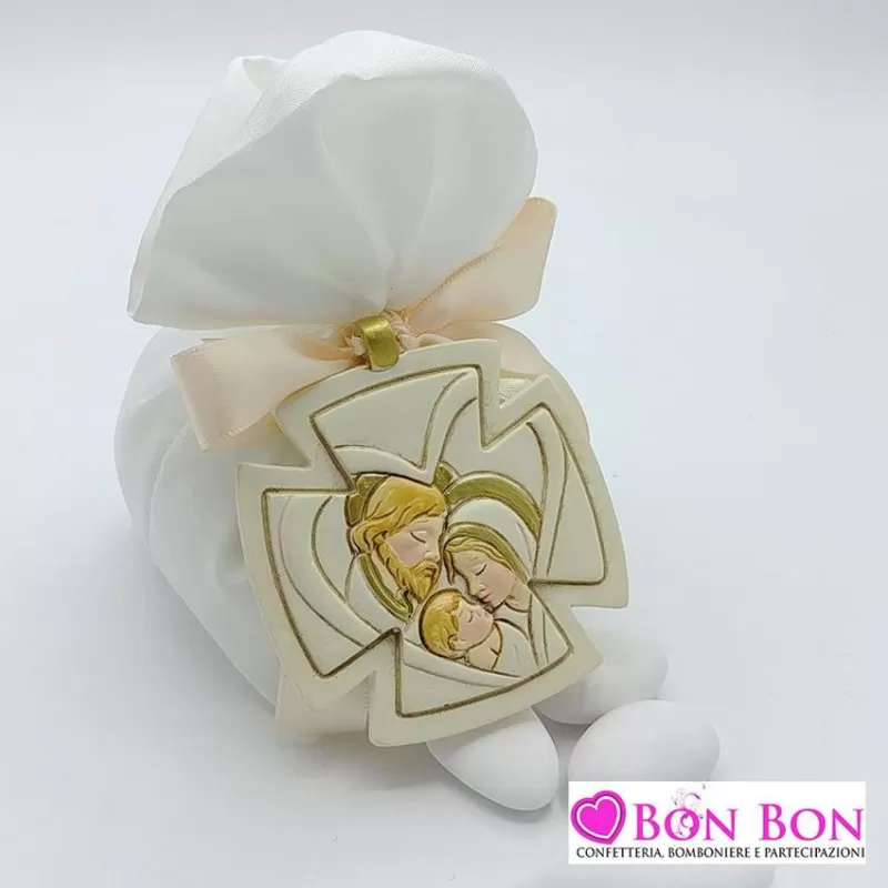 Sacchetto offerta prima comunione fagotto misto seta con appendino sacra famiglia - 1