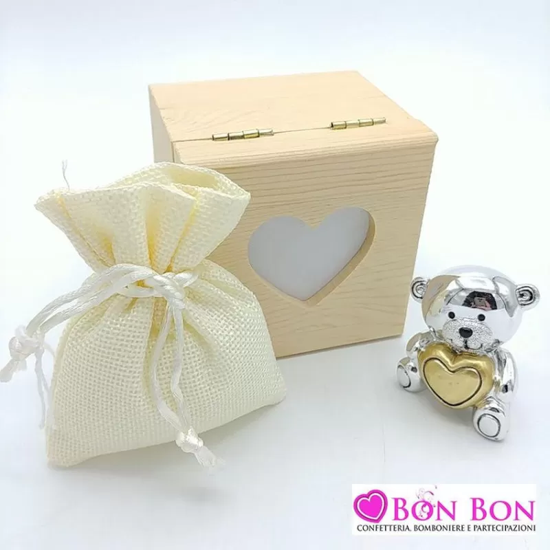 Orsetto resina argentata con scatola in legno - 1