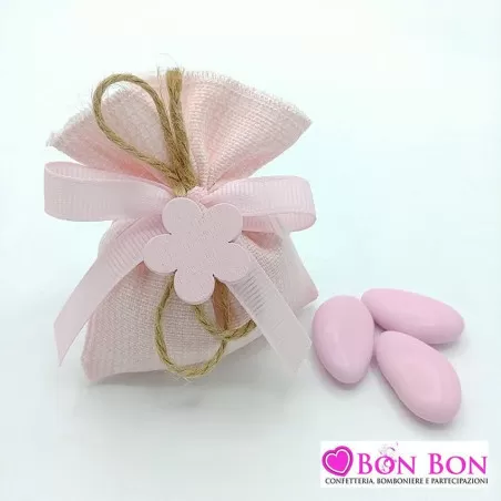 Sacchetto nascita e battesimo melange rosa con applicazione quadrifoglio rosa - 1