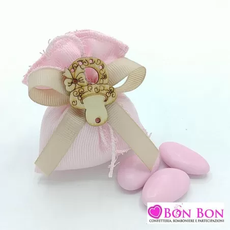 Linea sacchetti nascita e battesimo tessuto rigato rosa con applicazione legno Liete Creazioni - 2