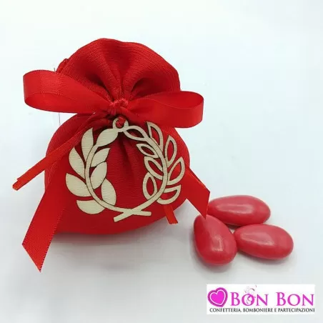 Sacchetto laurea bustina rossa con applicazione legno corona - 1