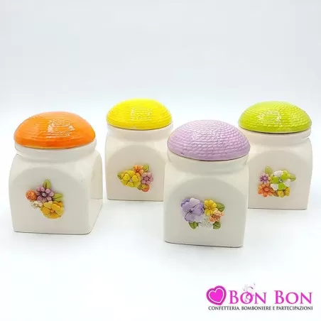 Bomboniera prima comunione barattolo in porcellana con applicazione fiore - 1