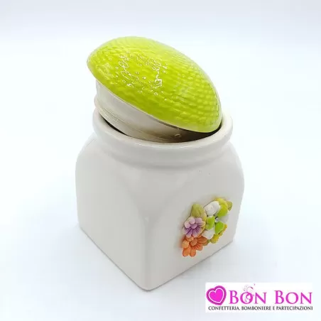 Bomboniera prima comunione barattolo in porcellana con applicazione fiore - 7