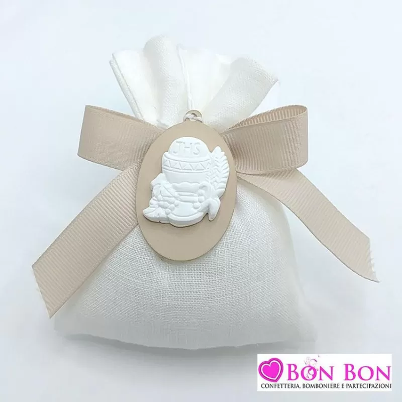Sacchetto prima comunione in offerta lino panna con applicazione calice gesso - 1