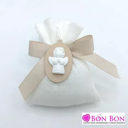 Sacchetto prima comunione in offerta lino panna con applicazione angelo gesso - 1