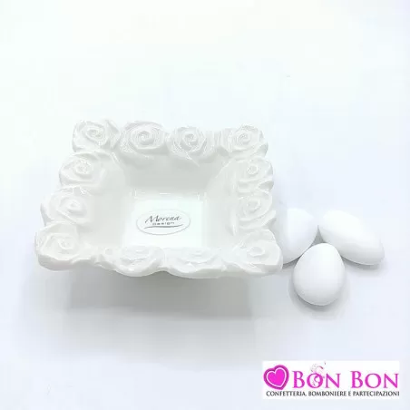 Bomboniera matrimonio piattino quadrato con fiori porcellana bianca Morena - 9