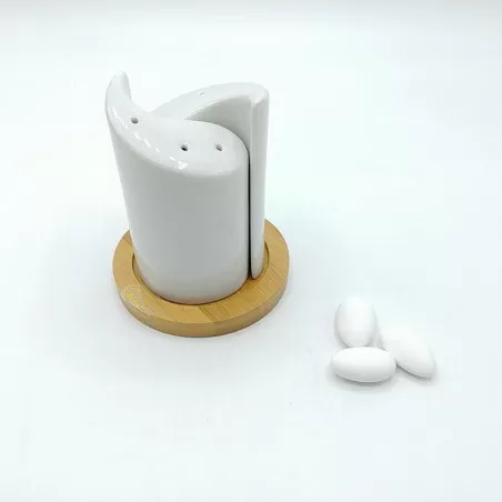 Sale e pepe in porcellana bianca con base in legno - 1