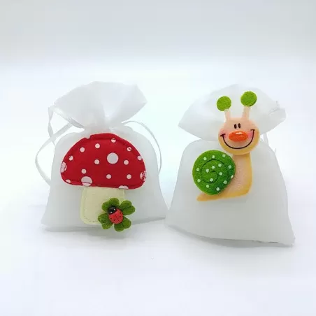 Sacchetto prima comunione organza bianco con applicazione fungo e lumaca in panno lence - 1