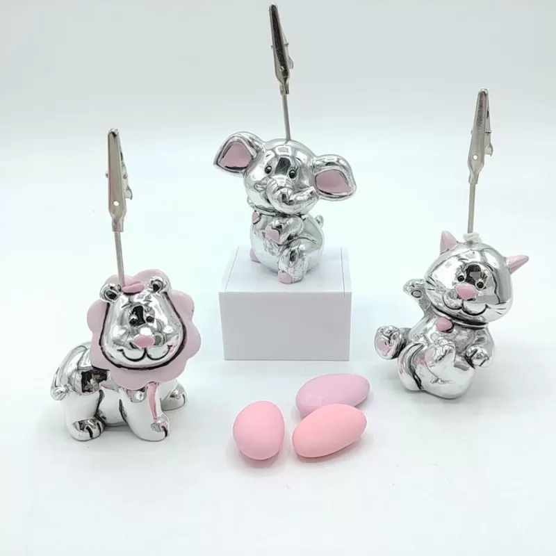 Bomboniera nascita e battesimo portaclip animali argento e rosa assortiti - 1