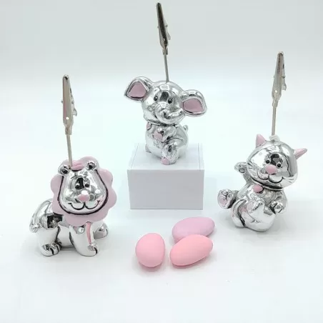 Bomboniera nascita e battesimo portaclip animali argento e rosa assortiti - 1