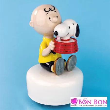 Bomboniera nascita e battesimo charlie brown e snoopy con ciotola su carillon - 1