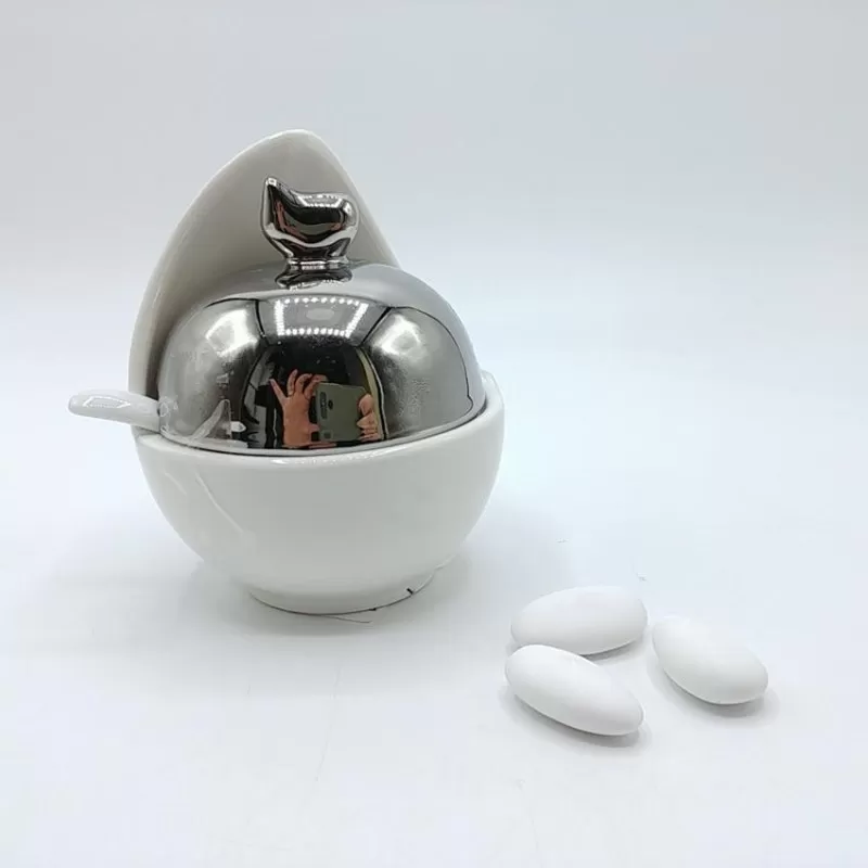 Bomboniera matrimonio zuccheriera porcellana bianca e argento - 1