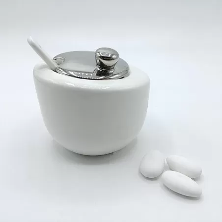 Bomboniera matrimonio zuccheriera porcellana bianca e argento tonda - 1