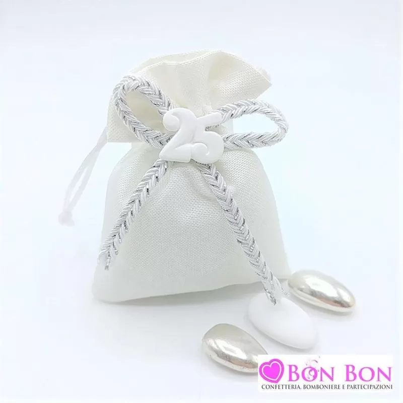 Sacchetto nozze d´argento porta confetti con fiocco e gessetto - 1