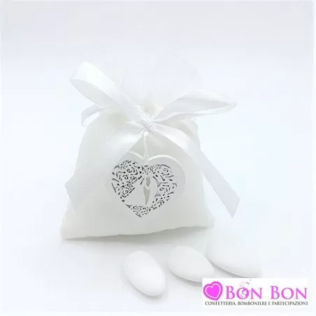 Sacchetto matrimonio bianco in cotone con applicazione - 1