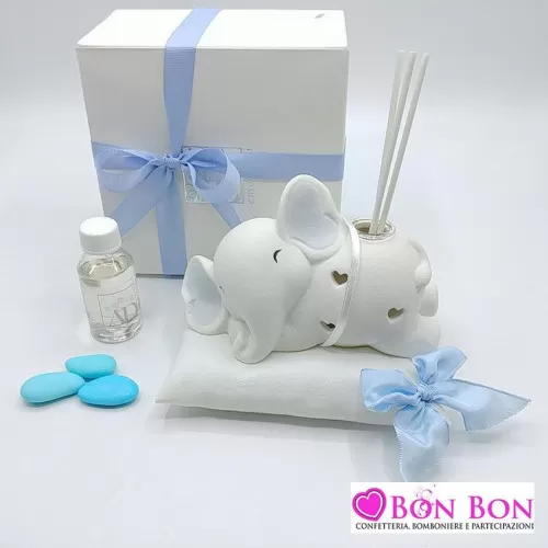 Bomboniera nascita e battesimo elefante cielo su cuscino AD - 1