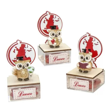 Bomboniera diploma e laurea box plexiglass con gufetto oro ETM - 1