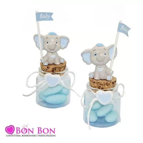 Bomboniera nascita e battesimo barattolino in vetro con elefantino celeste ETM - 1
