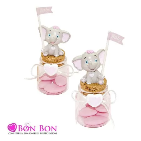 Bomboniera nascita e battesimo barattolino in vetro con elefantino rosa ETM - 1