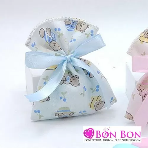 Sacchetto nascita e battesimo celeste bustina tessuto orsetti Royal Gifts - 1