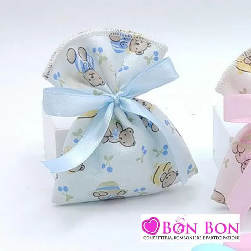 Sacchetto nascita e battesimo celeste bustina tessuto orsetti Royal Gifts - 1