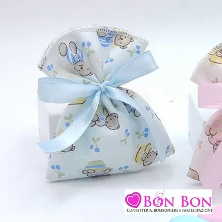 Sacchetto nascita e battesimo celeste bustina tessuto orsetti Royal Gifts - 1