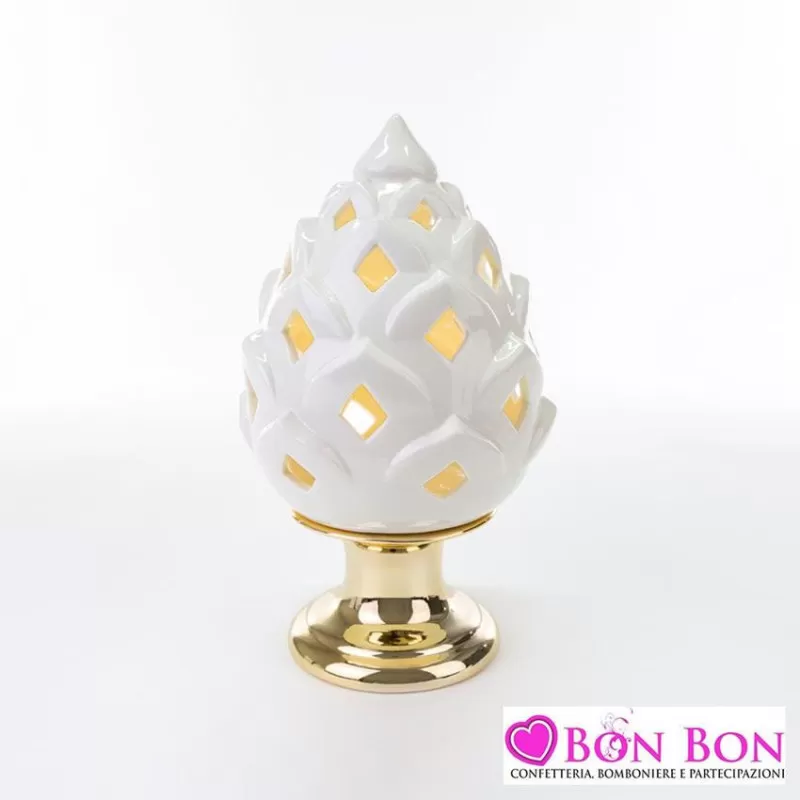 Bomboniera matrimonio pigna led bianca con base dorata altezza 32 cm Le stelle - 1