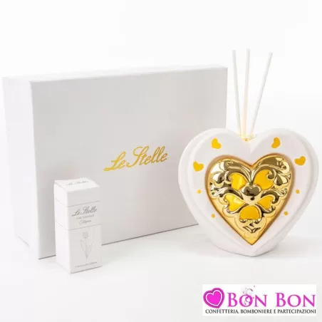 Bomboniera matrimonio profumatore cuore led bianco e oro porcellana Le stelle - 1