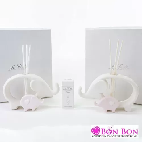 Bomboniera nascita e battesimo profumatore elefanti in porcellana bianco e rosa Le stelle - 1