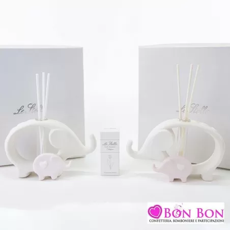 Bomboniera nascita e battesimo profumatore elefanti in porcellana bianco e rosa Le stelle - 1