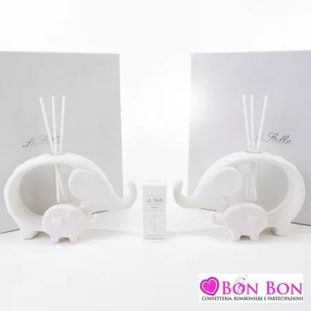 Bomboniera nascita e battesimo profumatore elefanti in porcellana bianco e rosa h.16 Le stelle - 1