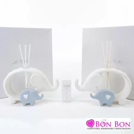 Bomboniera nascita e battesimo profumatore elefanti in porcellana bianco e celeste h.16 Le stelle - 1