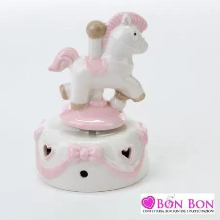 Bomboniera nascita e battesimo cavalluccio carillon porcellana rosa Le stelle - 1