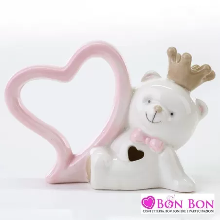 Bomboniera nascita e battesimo orsetto con cuore porcellana rosa Le stelle - 1