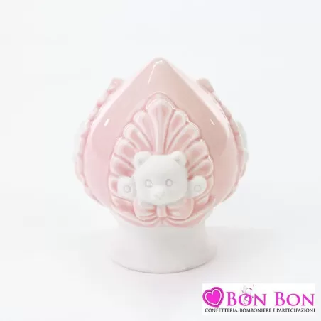 Bomboniera nascita e battesimo pomo con orsetto in porcellana rosa Le stelle - 1