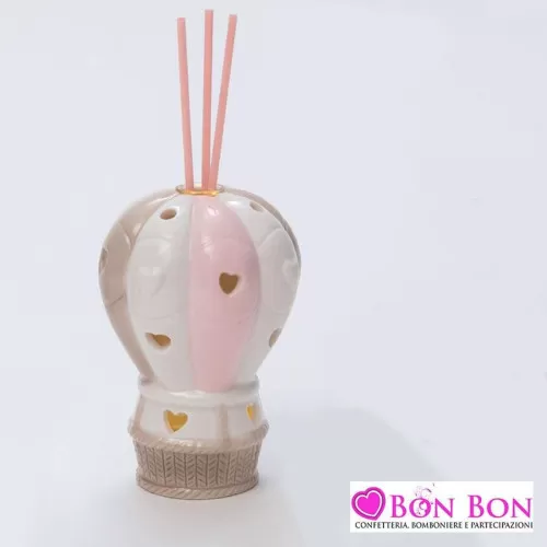 Bomboniera nascita e battesimo profumatore mongolfiera led porcellana rosa AD - 1