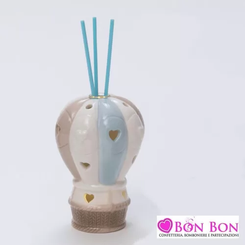 Bomboniera nascita e battesimo profumatore mongolfiera led porcellana celeste AD - 1